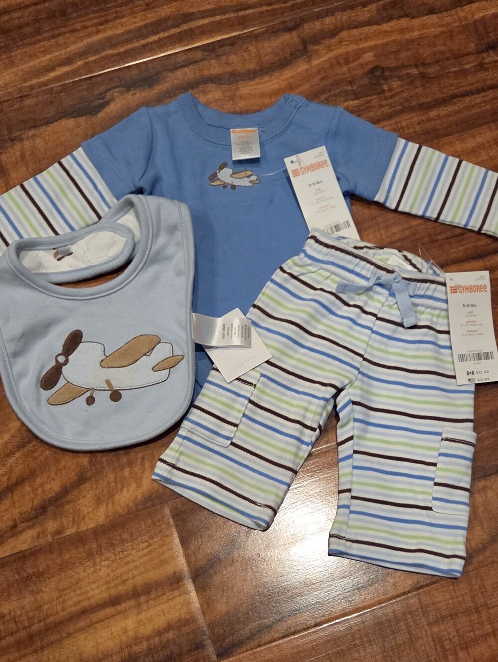 Gymboree NWT Newborn Blue Striped Airplane Bodyuit, Pants and Bib Set